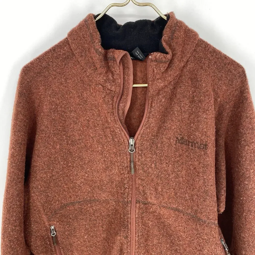Marmot Fleece Full Zip Jacket Rust Red Sweater Knit Men's Size Large